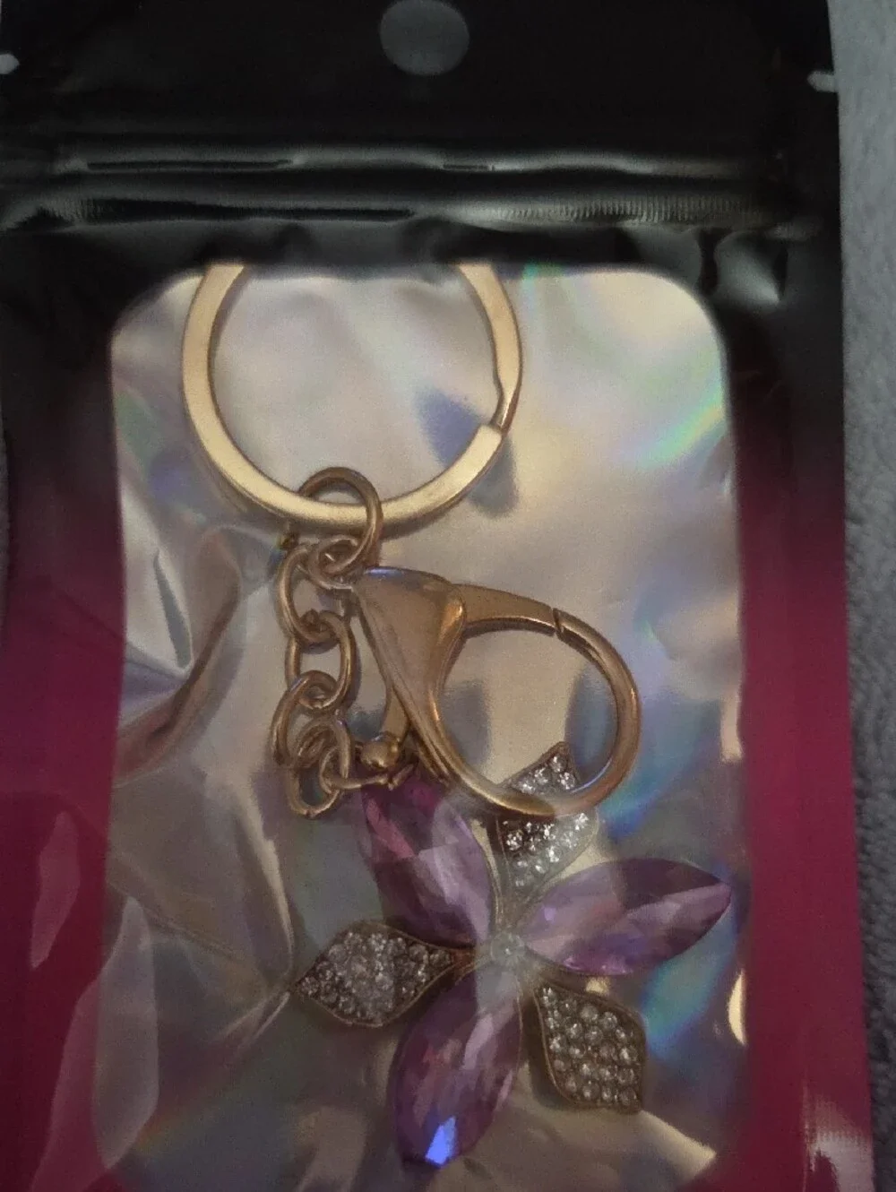 Keychain  Gold with Purple Crystal Flower Charm NWOT